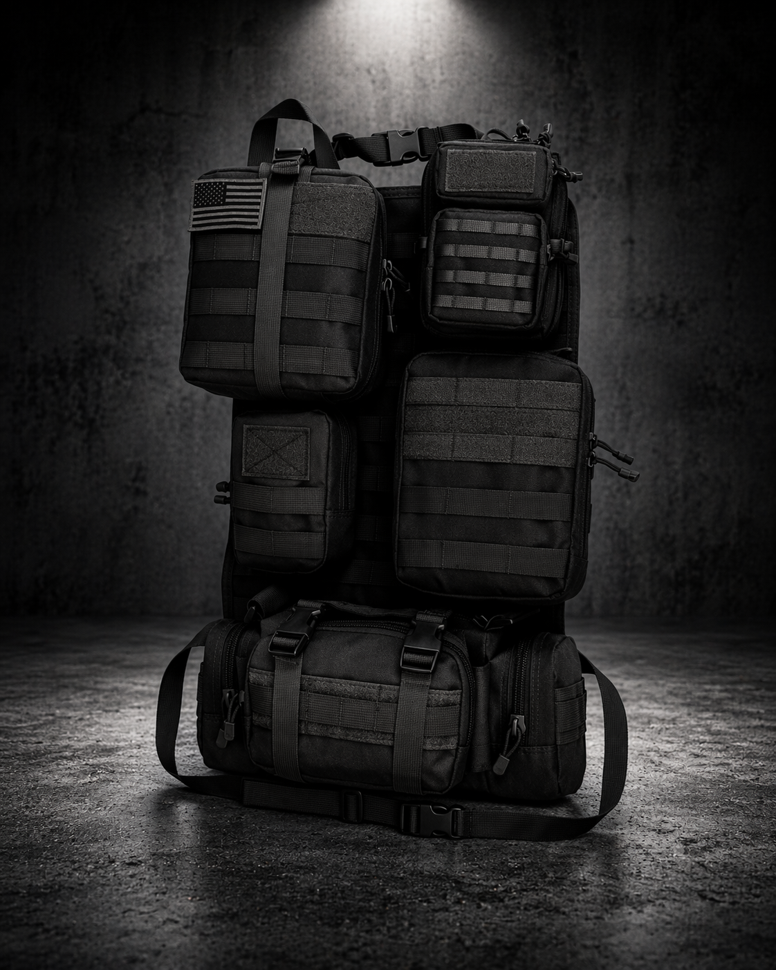 Modular vehicle organiser system with multiple compartments and MOLLE storage layout